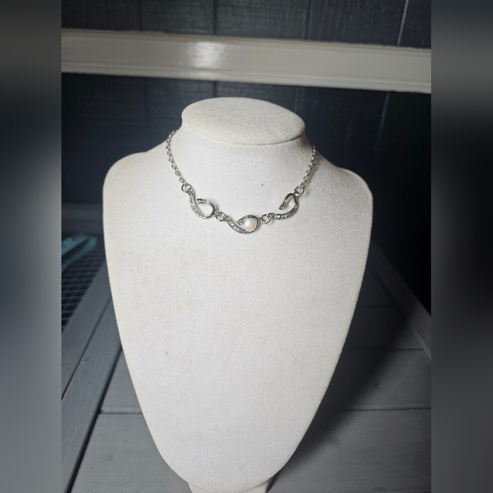 Silver Tone Pearl Choker Necklace Curved Pavé Link Adjustable